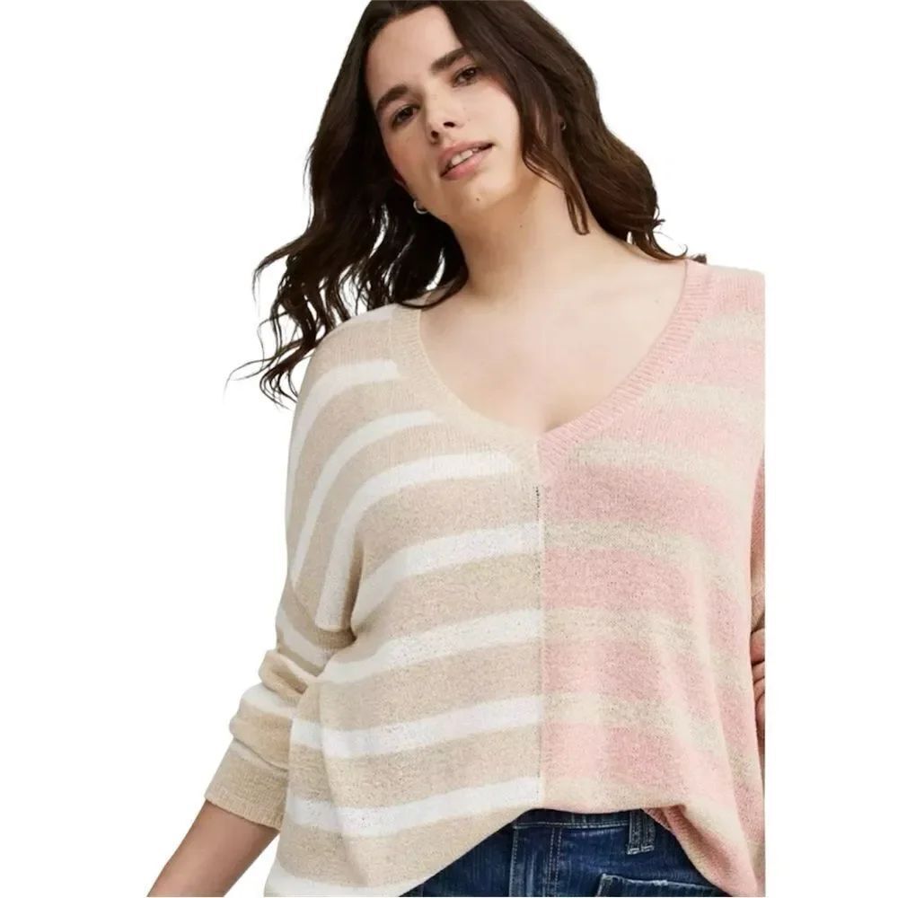 Torrid Striped V-neck Pullover Sweater Size 2X in Cream and Pink
